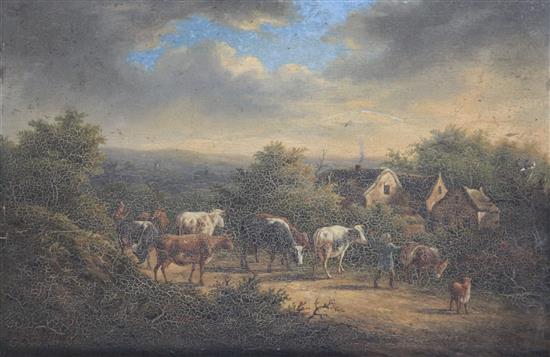 Charles Desan (19th C. Belgian) Cattle drovers on a lane, 9.75 x 14.5in., unframed